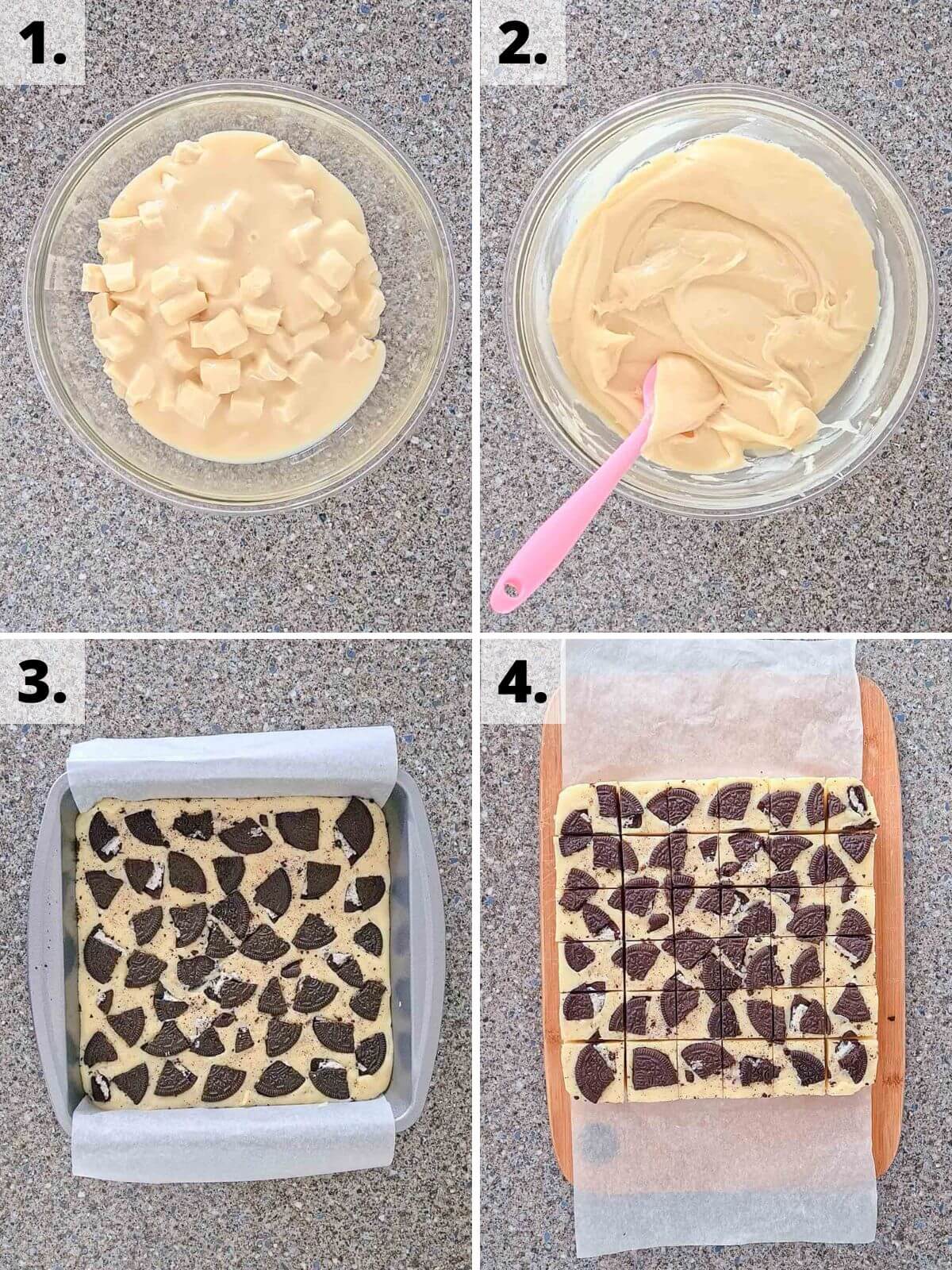 recipe method steps for how to make cookies and cream oreo fudge in four steps.