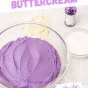 easy purple yam ube buttercream frosting in bowl with ube extract and coconut milk