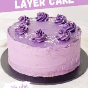 easy purple ube layer cake with layers of ube sponge and ube buttercream frosting topped with coconut.