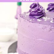 easy purple ube celebration cake with ube buttercream frosting topped with coconut.