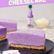 easy ube cheesecake with a coconut cookie base and a purple ube cheesecake filling topped with shredded coconut.