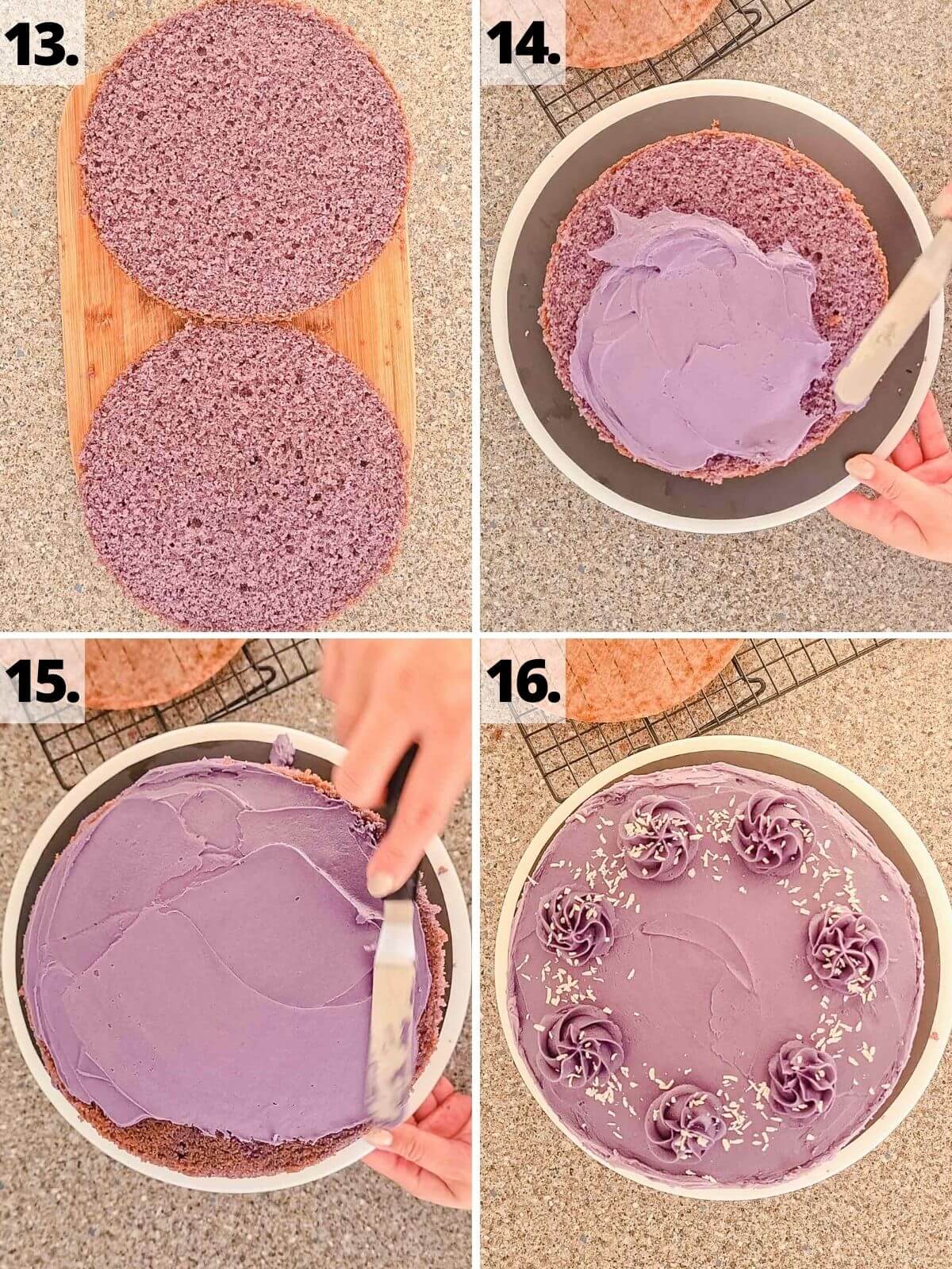 how to make purple yam ube cake recipe method assembly steps 13 to 16.