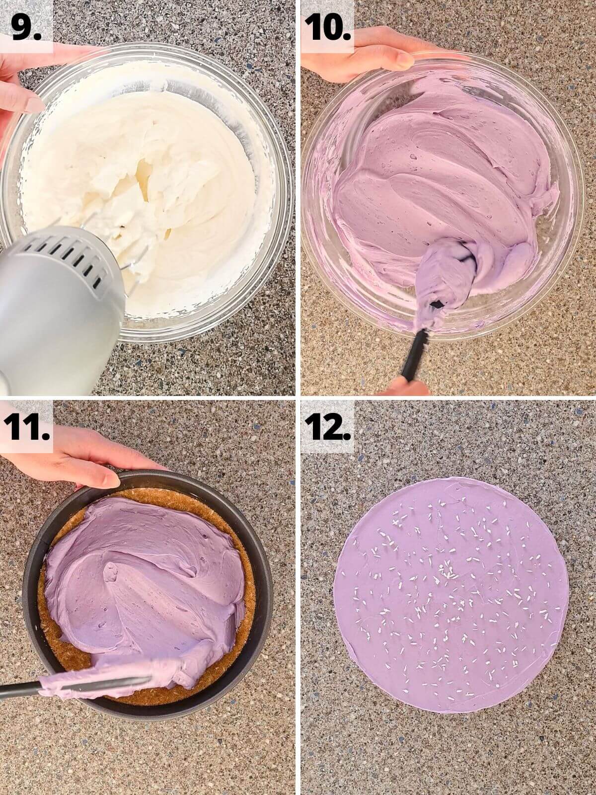 recipe steps 9 to 12 for how to make ube cheesecake filling.
