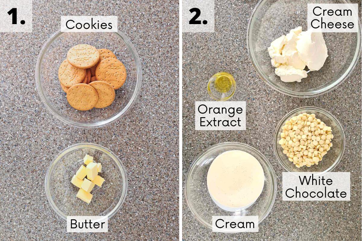 terrys white chocolate orange no-bake cheesecake recipe ingredients in bowls with labels.
