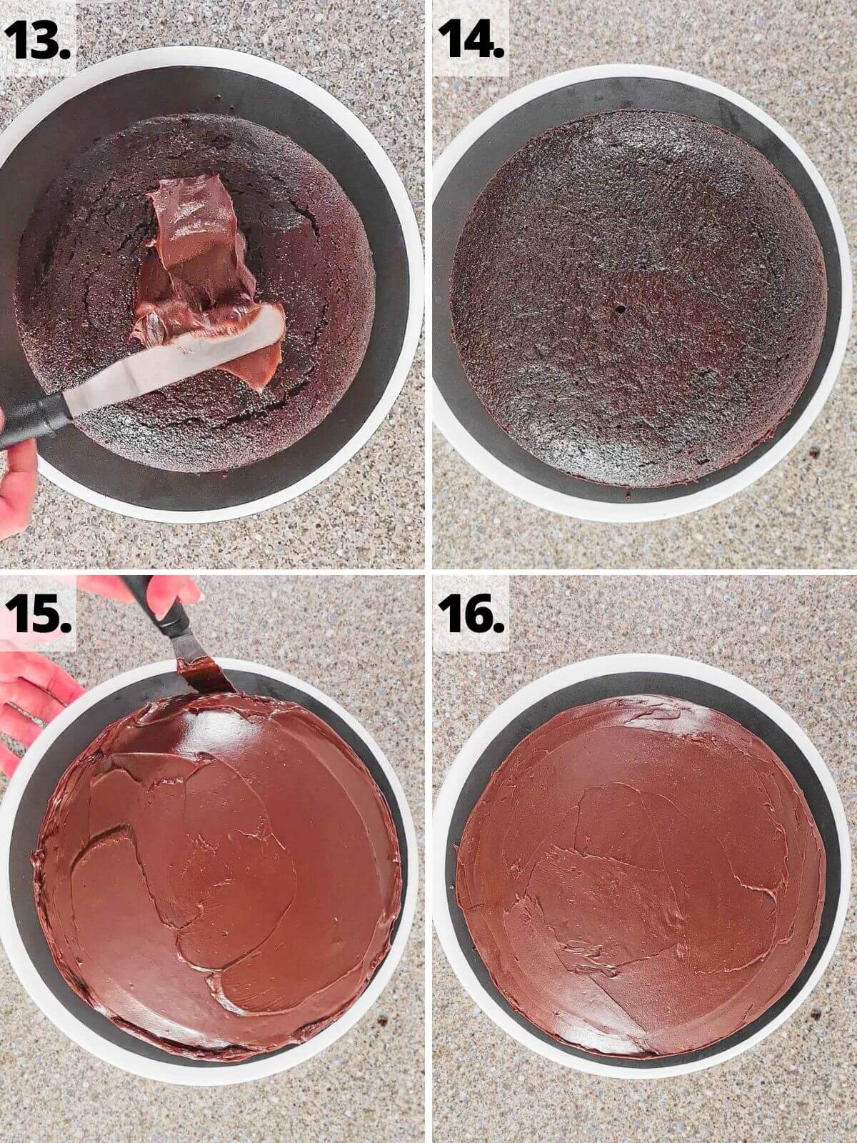 baileys chocolate cake assembly recipe method steps 13 to 16.