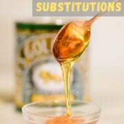 golden syrup in a tin and bowl pouring from a spoon.