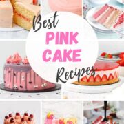 best pink cake recipes ideas in a grid including strawberry cake, raspberry cake, cherry cake, pink drip cake.