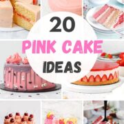 20 best pink cake recipes ideas in a grid including strawberry cake, raspberry cake, cherry cake, pink drip cake.