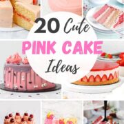 20 cute pink cake recipes ideas in a grid including strawberry cake, raspberry cake, cherry cake, pink drip cake.