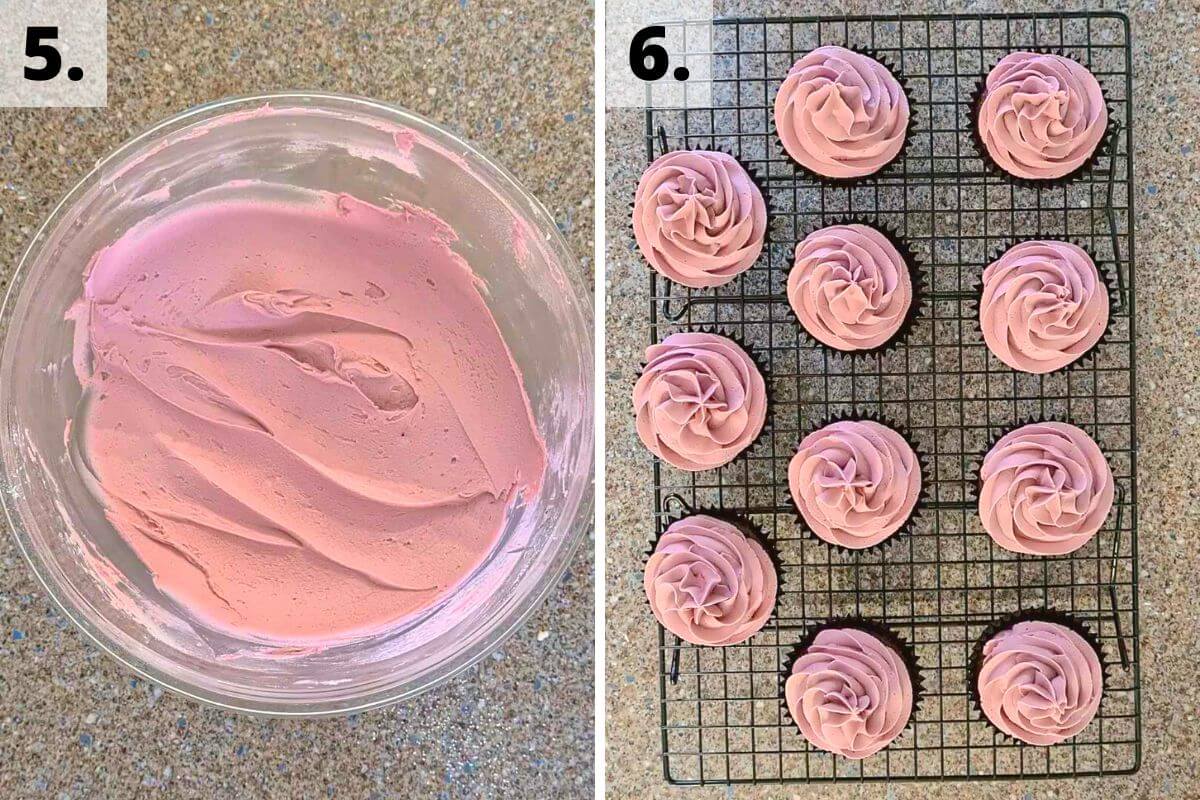 chocolate cupcakes with pink frosting recipe method assembly steps 5 to 6.