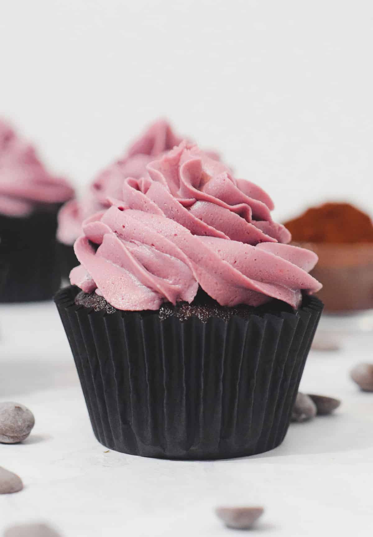 chocolate cupcakes with piped pink buttercream frosting swirl topping and cocoa powder.