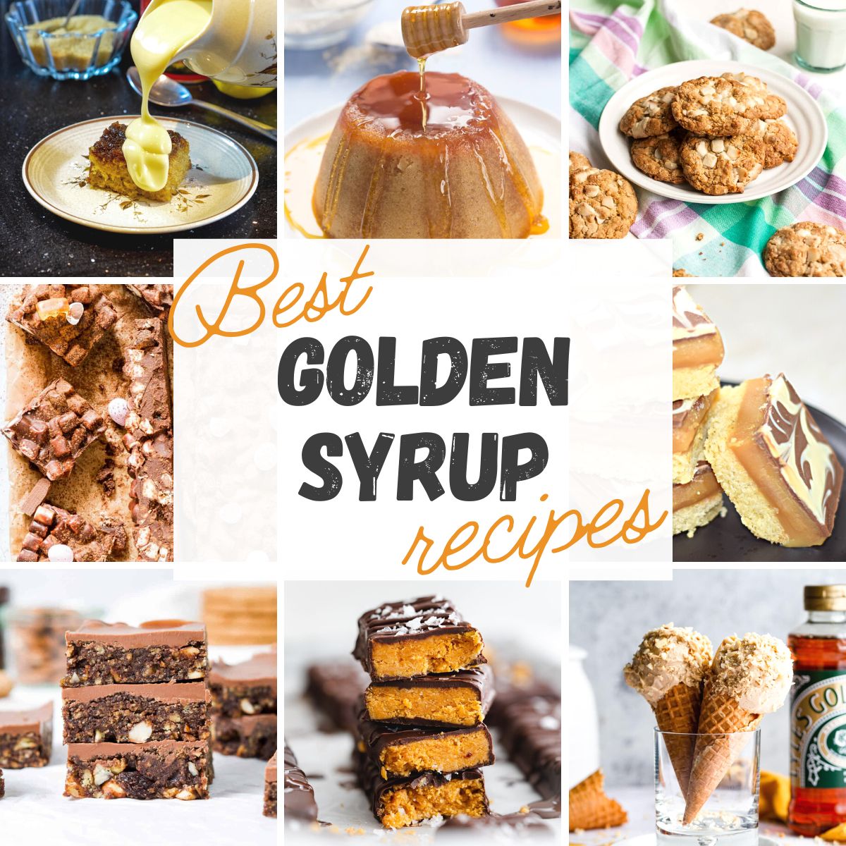 best golden syrup recipes collage with puddings, cookies, bars, ice cream and more.