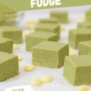 matcha green tea chocolate fudge squares with white chocolate chips in front