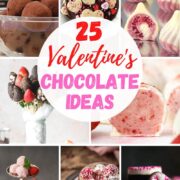 25 valentines chocolate ideas in a collage including chocolate truffles, bonbons, candies and bark.