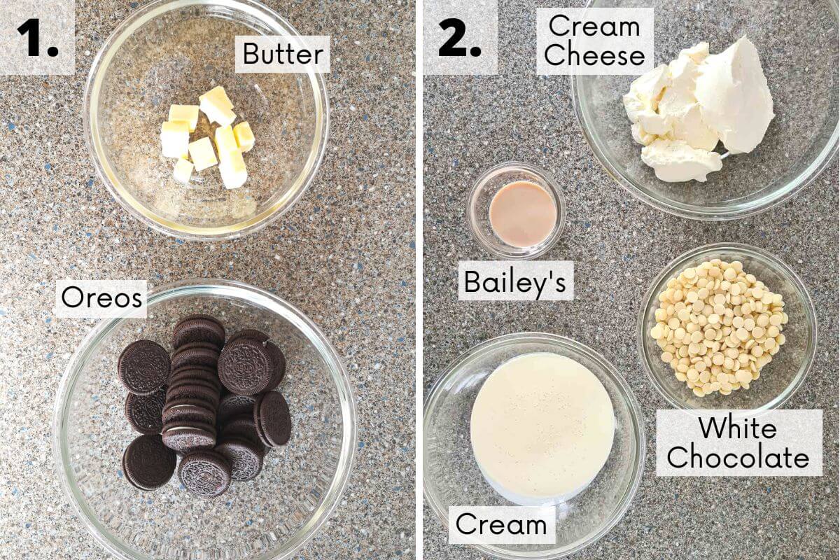 baileys white chocolate no-bake cheesecake recipe ingredients in bowls with labels.