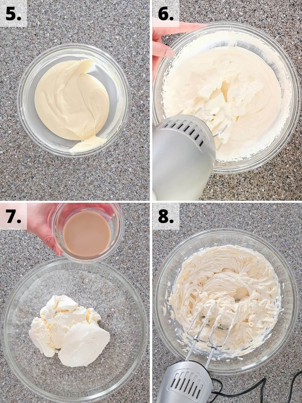 baileys white chocolate no bake cheesecake recipe method steps 5 to 8.