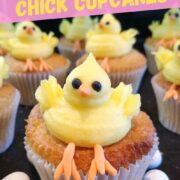 easter lemon chick cupcakes with lemon buttercream and easter eggs.
