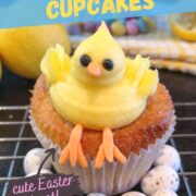 cute Easter lemon chick cupcakes with lemon buttercream and easter eggs.