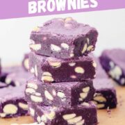 purple ube brownies with white chocolate chips and ube extract.