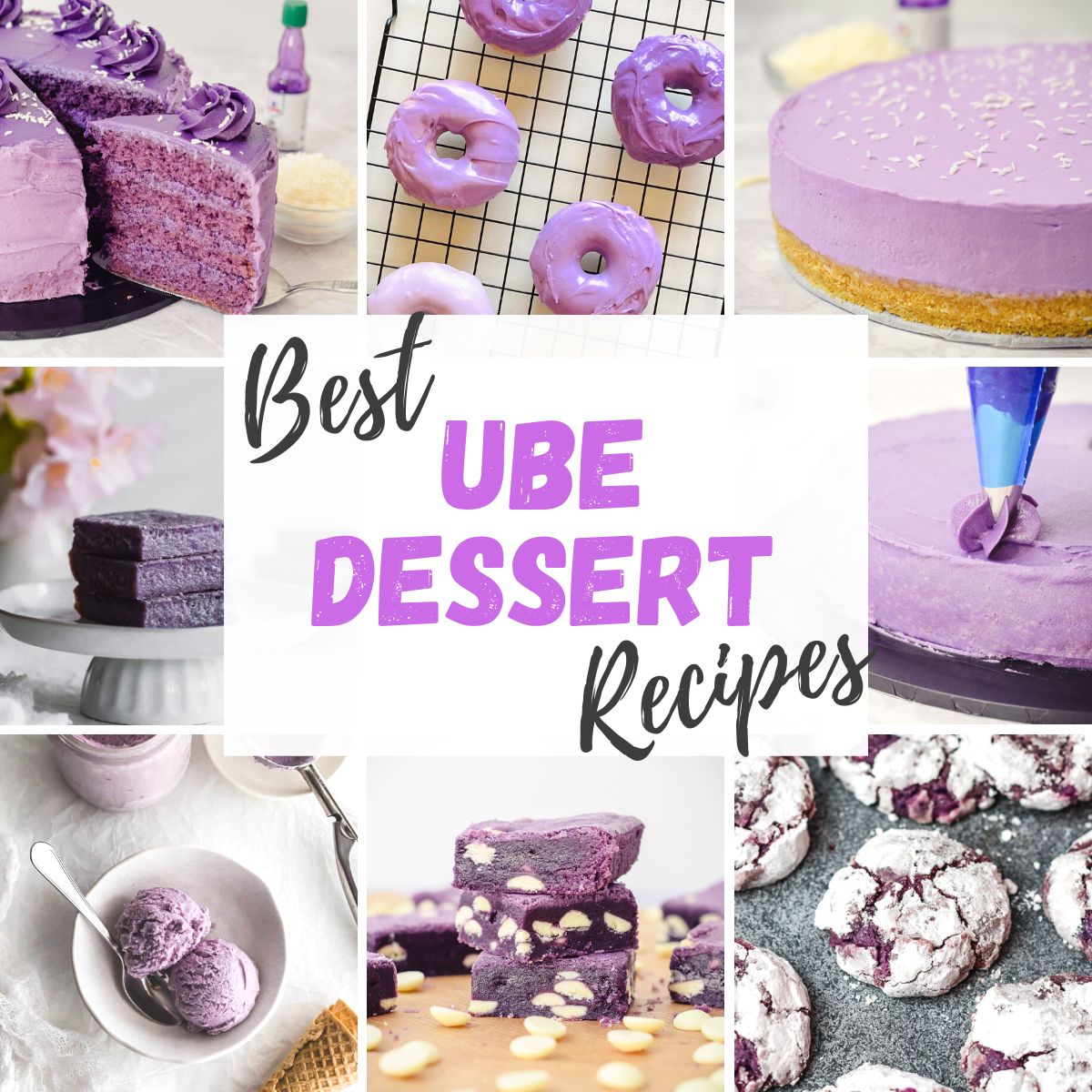 ube dessert recipes with ube cake, ube donuts, cheesecake and brownies.