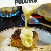 warm oven-baked treacle sponge pudding with custard.