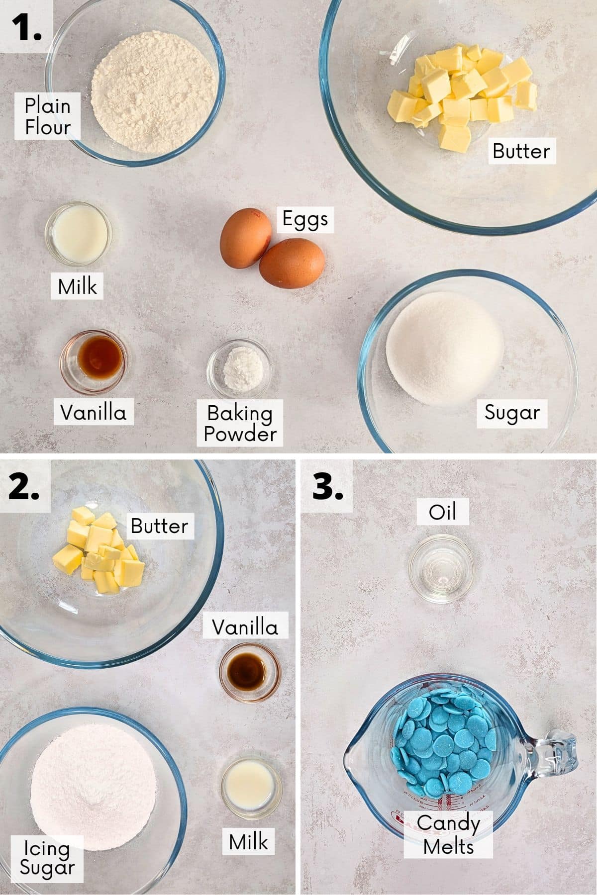 blue cake pops recipe ingredients in bowls with labels.