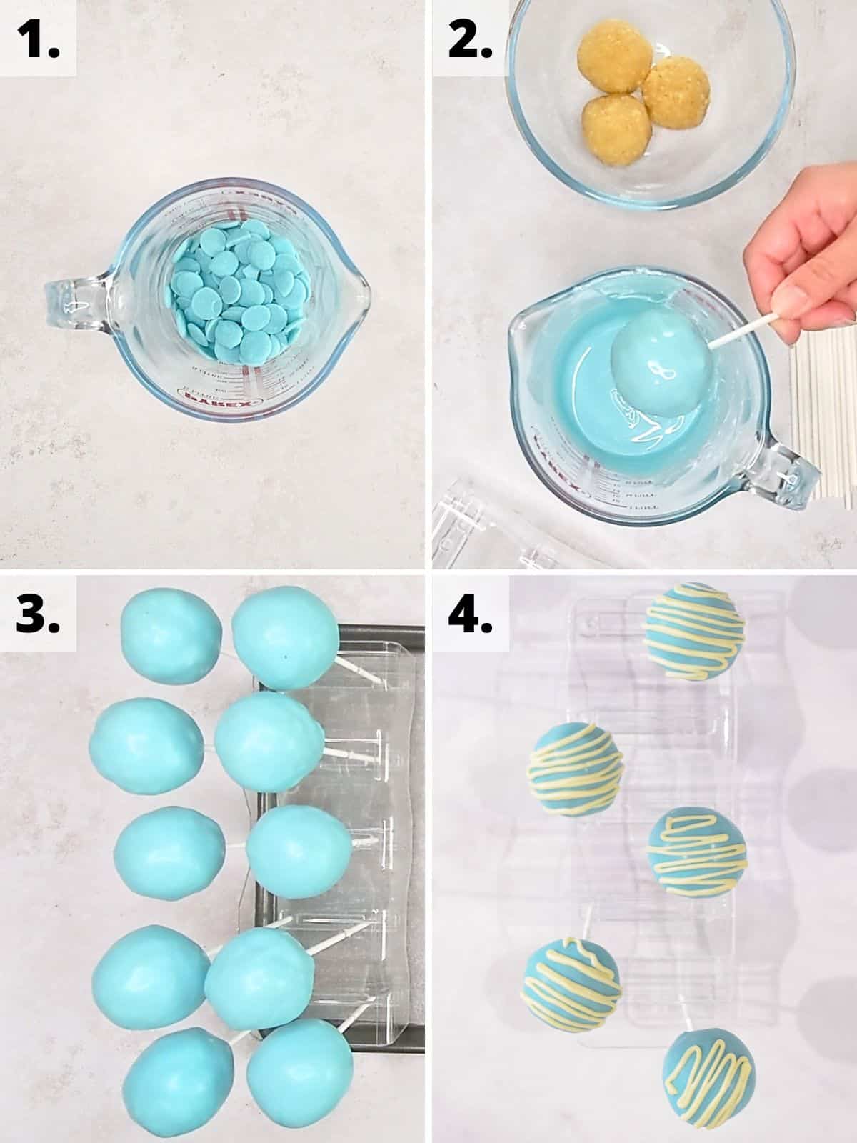 blue cake pops recipe assembly method steps 1 to 4.
