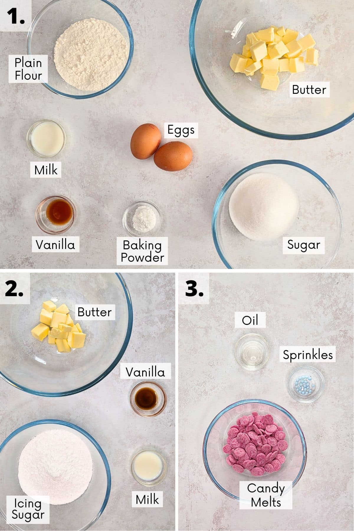 starbucks copycat pink vanilla cake pops recipe ingredients in bowls with labels.
