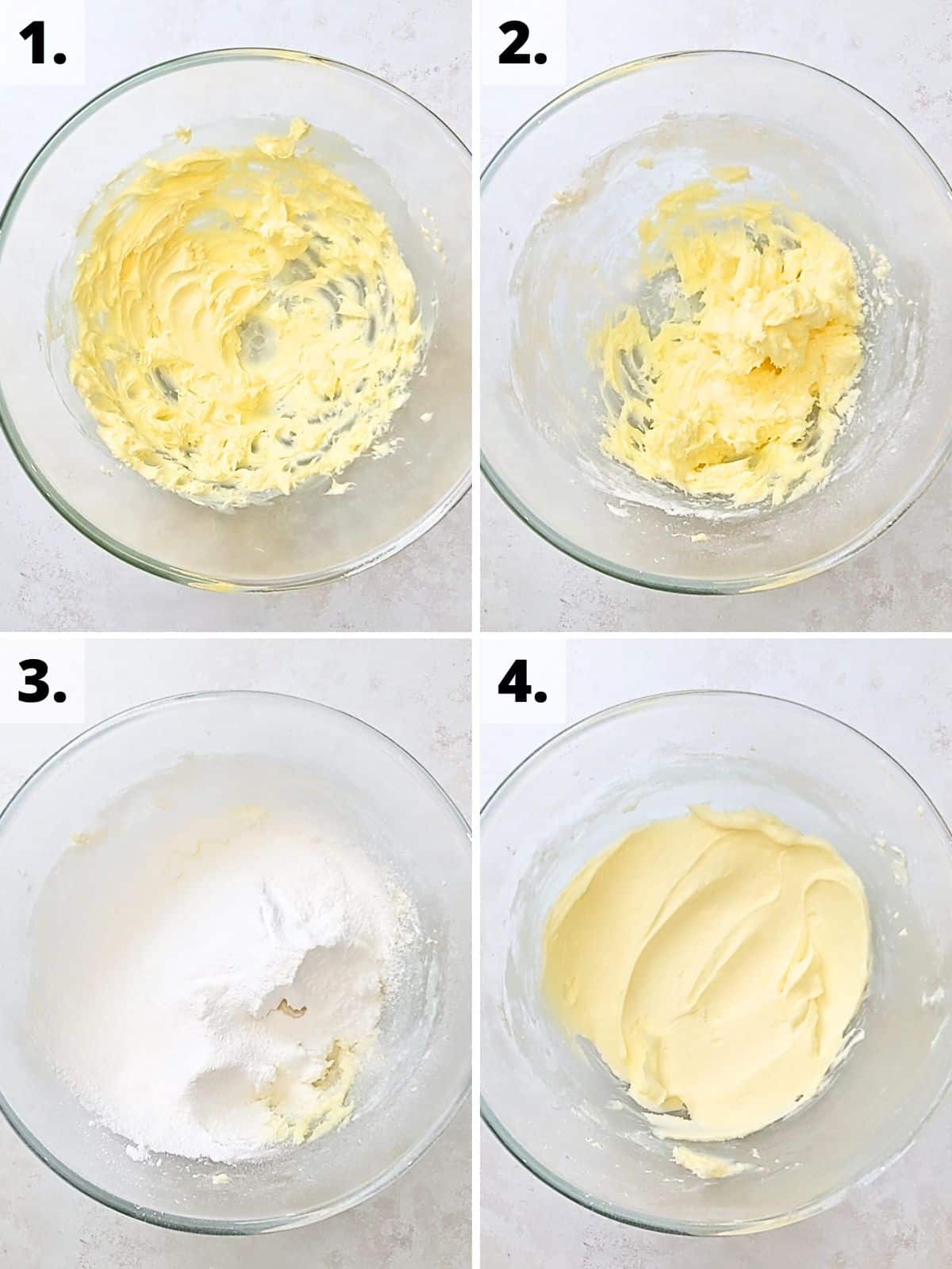 vanilla buttercream recipe method steps 1 to 4.
