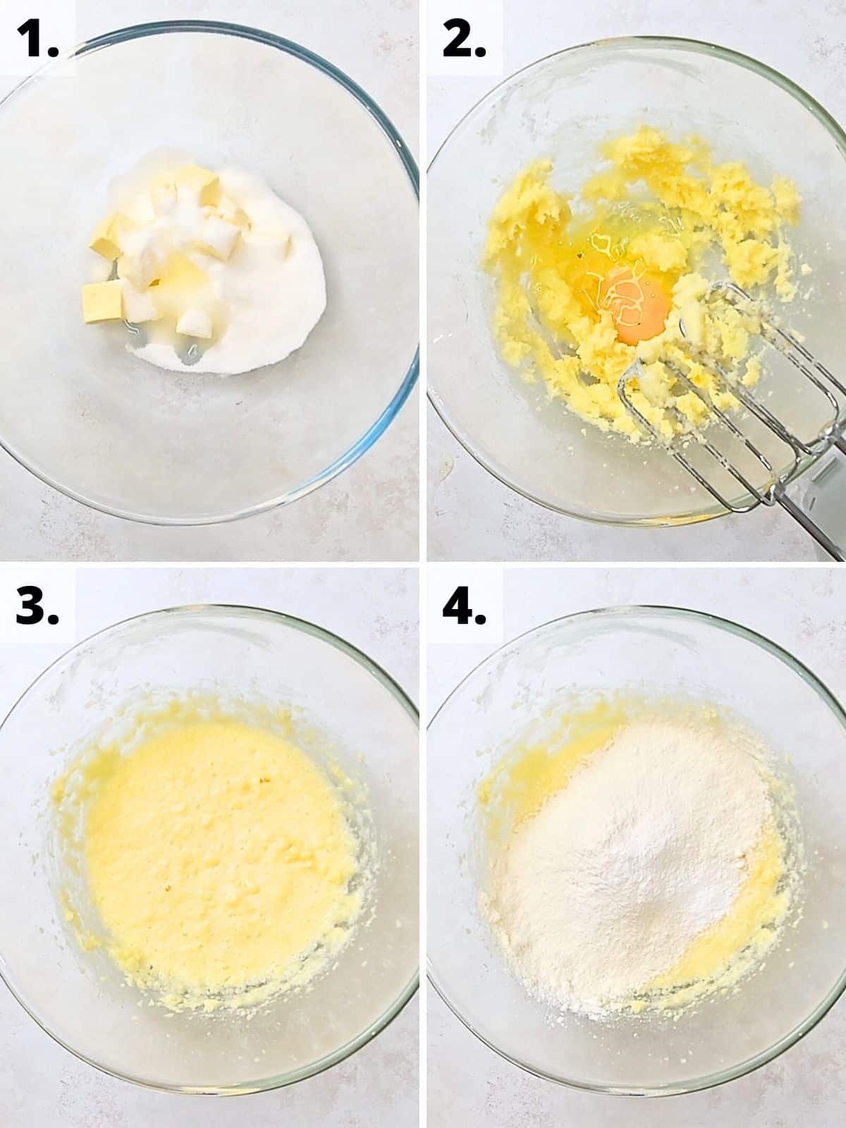 vanilla sponge cake recipe method steps 1 to 4.
