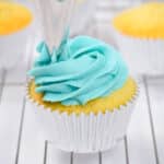vanilla blue buttercream frosting piped onto a cupcake.