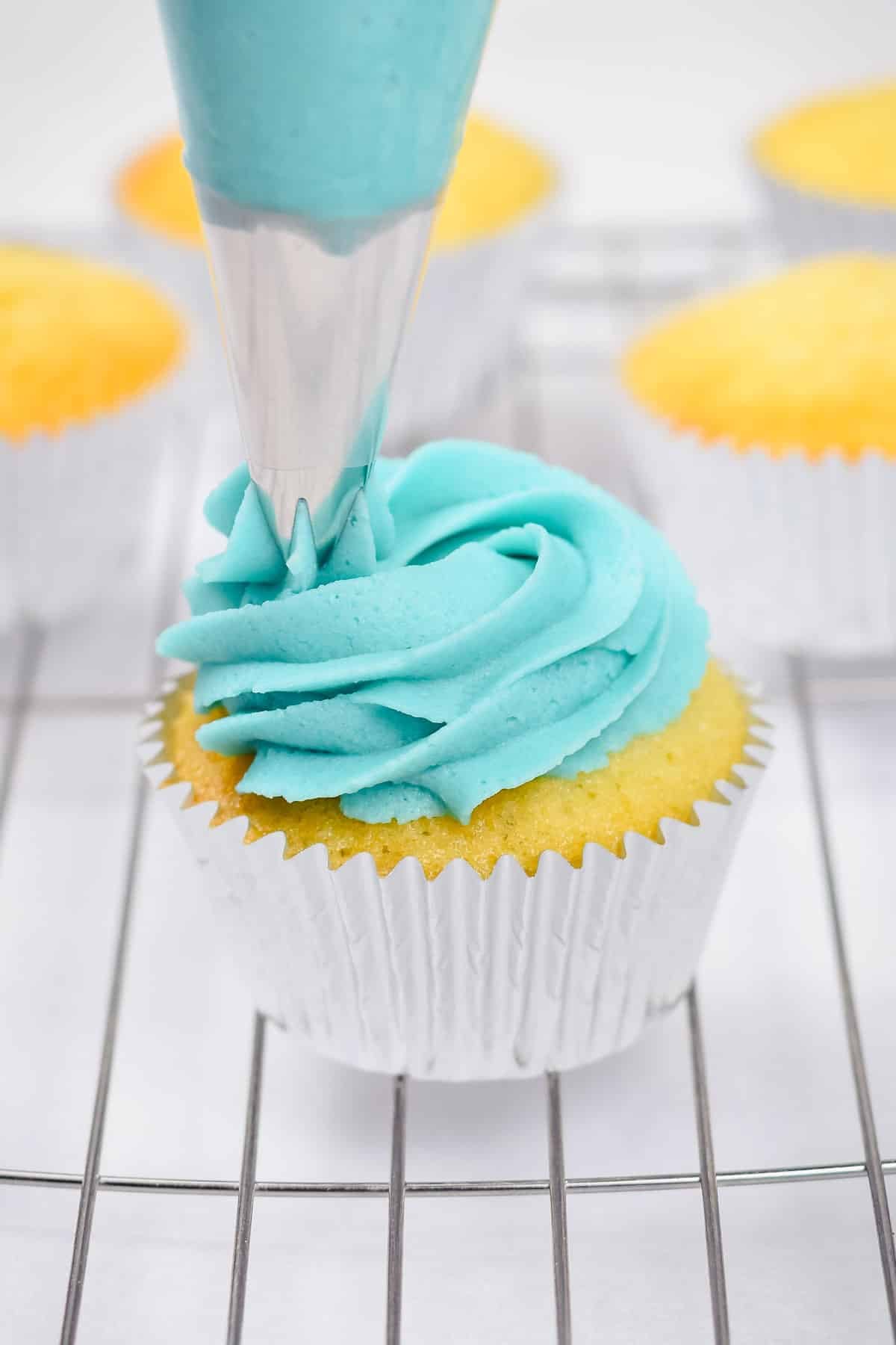 vanilla blue buttercream frosting piped onto a cupcake.