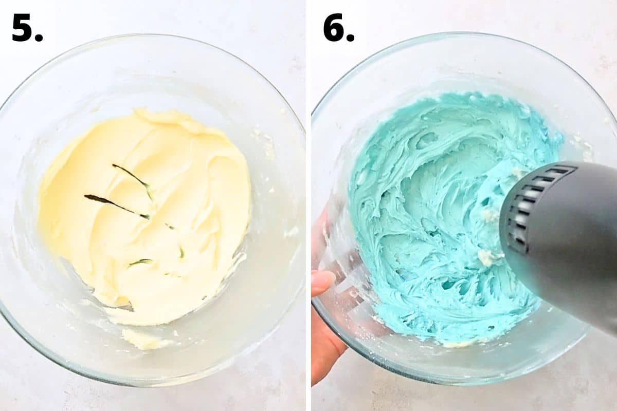vanilla blue buttercream frosting recipe method steps 5 to 6.