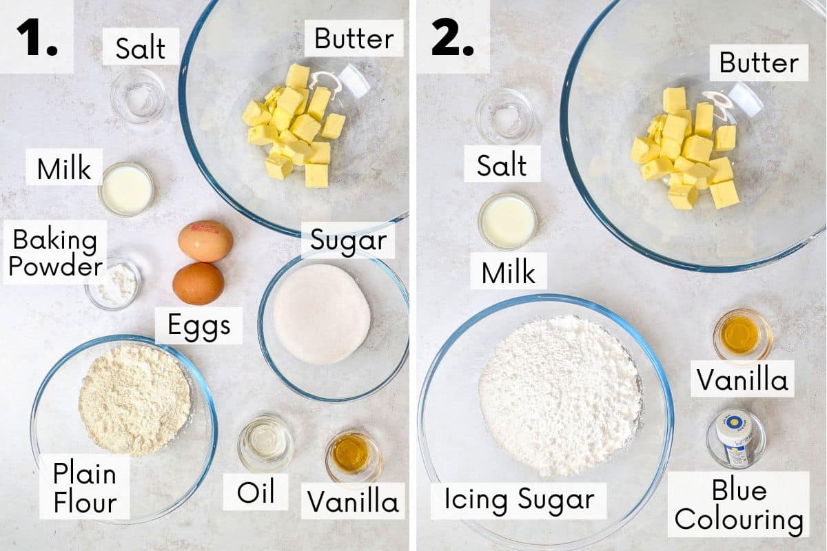 vanilla blue cupcakes recipe ingredients in bowls with labels.
