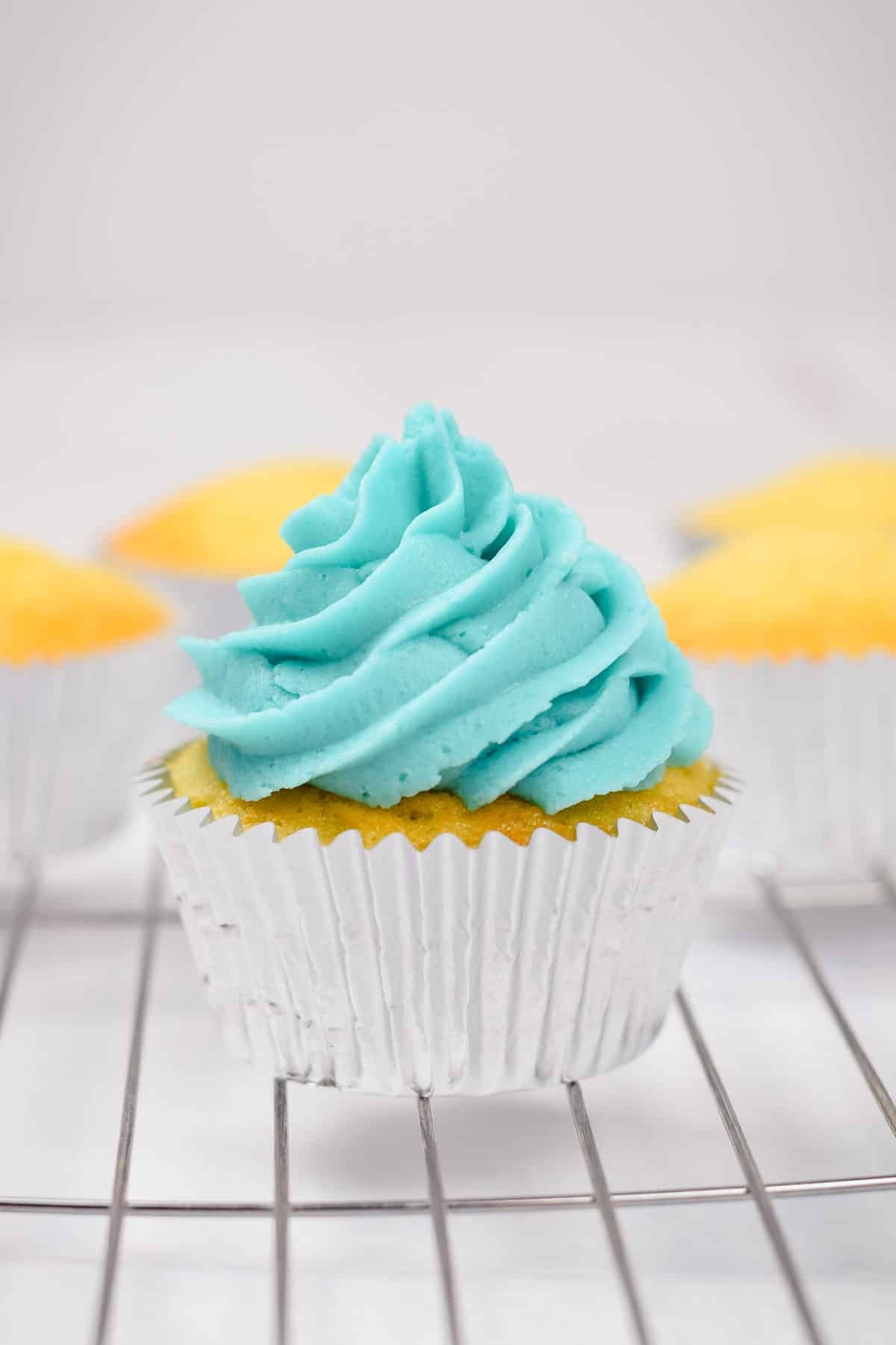 vanilla cupcakes with baby blue buttercream frosting.