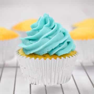 vanilla cupcakes with blue buttercream frosting.