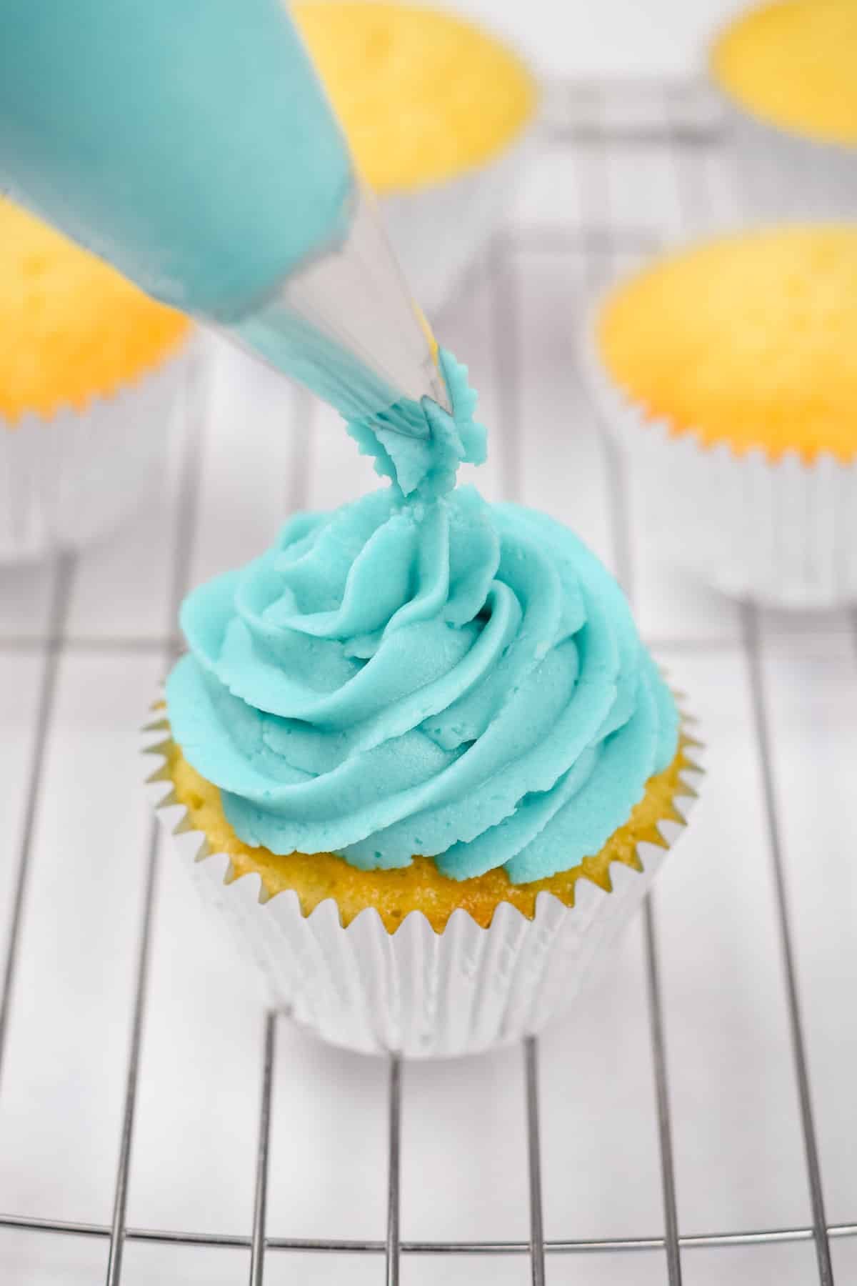 vanilla cupcakes with blue buttercream frosting piped on top.